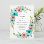 Teal Coral Blooming Romance Wedding 招待状 (スタンド正面)