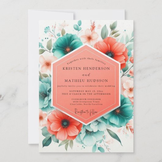 Teal Coral Blossom Romance Wedding 招待状 (正面)