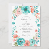 Teal Coral Botanical Bloom Wedding 招待状 (正面)