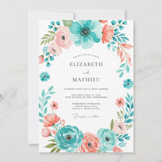 Teal Coral Botanical Bloom Wedding 招待状 (正面)