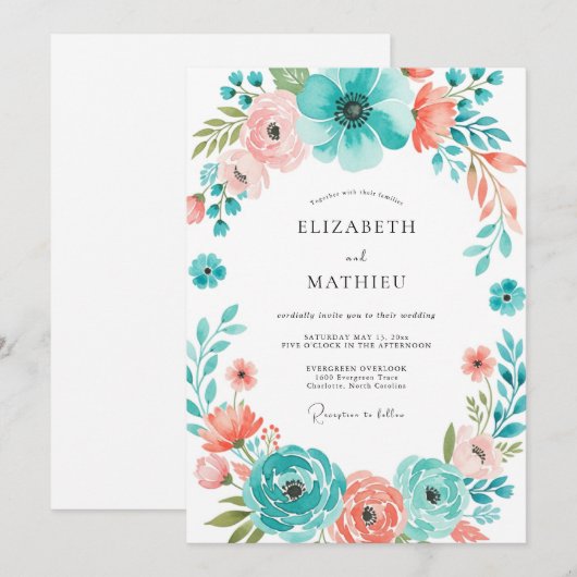 Teal Coral Botanical Bloom Wedding 招待状 (正面/裏面)
