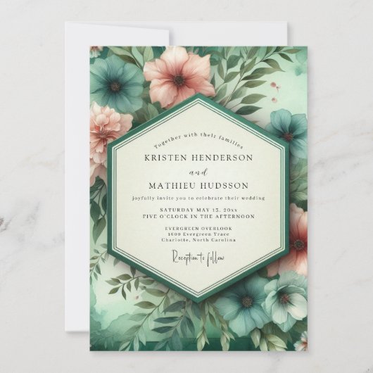 Teal Coral Botanical Romance Wedding 招待状 (正面)