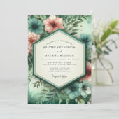 Teal Coral Botanical Romance Wedding 招待状 (スタンド正面)