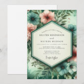 Teal Coral Botanical Romance Wedding 招待状 (正面/裏面)