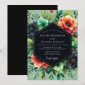 Teal Coral Dramatic Bloom Wedding 招待状 (正面/裏面)