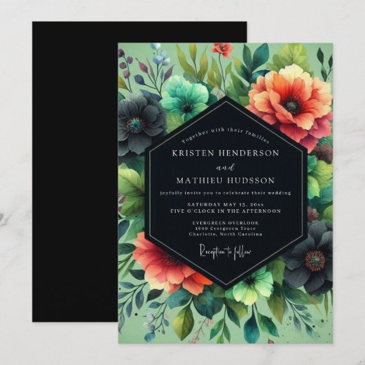 Teal Coral Dramatic Bloom Wedding 招待状 (正面/裏面)