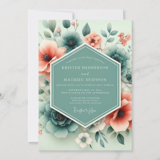 Teal Coral Ethereal Flora Wedding 招待状 (正面)