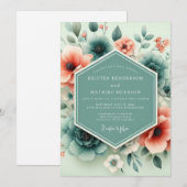 Teal Coral Ethereal Flora Wedding 招待状 (正面/裏面)