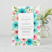 Teal Coral Floral Bloom Wedding 招待状 (スタンド正面)