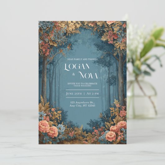 Teal Coral Floral Bohemian Forest Wedding 招待状 (スタンド正面)