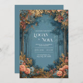 Teal Coral Floral Bohemian Forest Wedding 招待状 (正面/裏面)