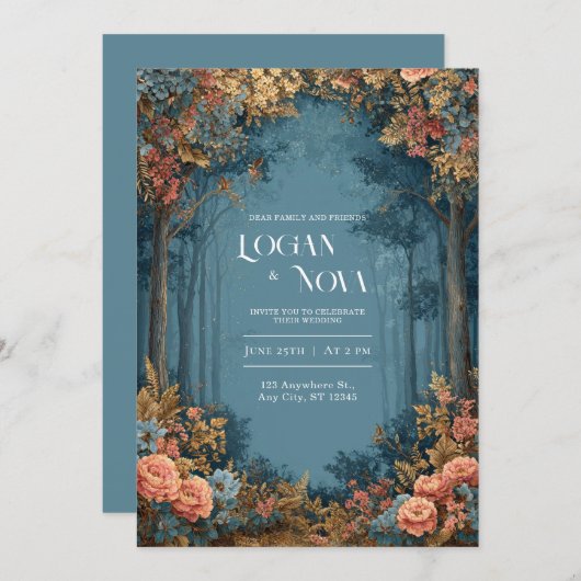 Teal Coral Floral Bohemian Forest Wedding 招待状 (正面/裏面)