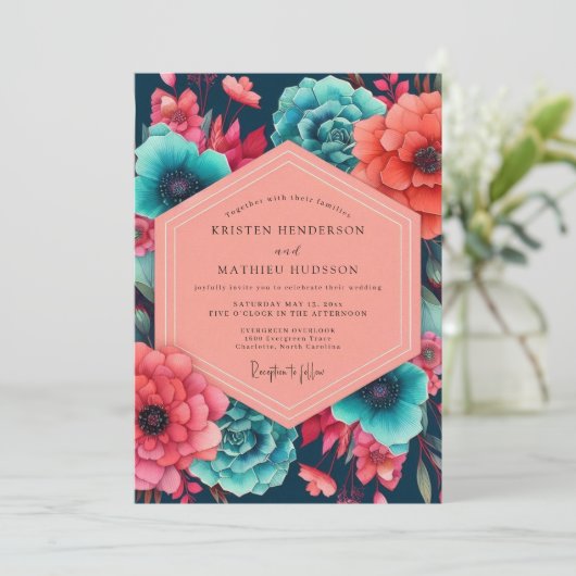 Teal Coral Floral Opulence Wedding 招待状 (スタンド正面)