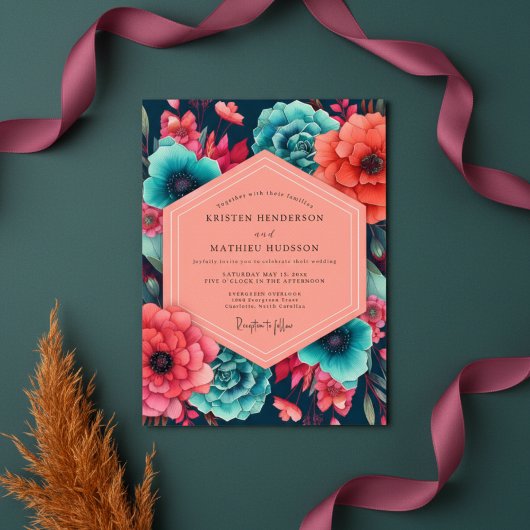 Teal Coral Floral Opulence Wedding 招待状