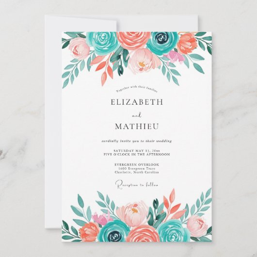 Teal Coral Floral Whimsical Wedding 招待状 (正面)