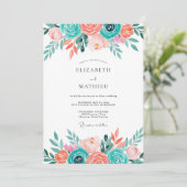 Teal Coral Floral Whimsical Wedding 招待状 (スタンド正面)