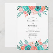 Teal Coral Floral Whimsical Wedding 招待状 (正面/裏面)