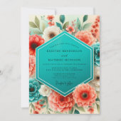 Teal Coral Floral Whimsy Wedding 招待状 (正面)