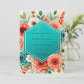 Teal Coral Floral Whimsy Wedding 招待状 (スタンド正面)