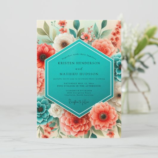 Teal Coral Floral Whimsy Wedding 招待状 (スタンド正面)