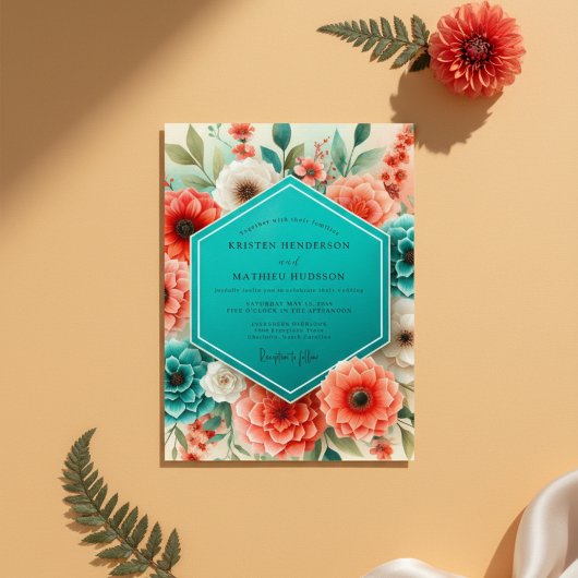 Teal Coral Floral Whimsy Wedding 招待状