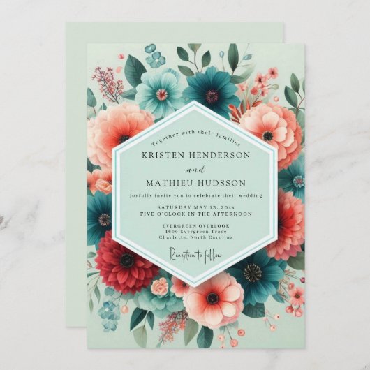 Teal Coral Flourish Wedding 招待状 (正面/裏面)