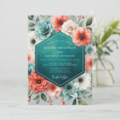 Teal Coral Lush Succulent Wedding 招待状 (スタンド正面)