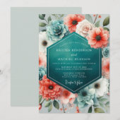 Teal Coral Lush Succulent Wedding 招待状 (正面/裏面)