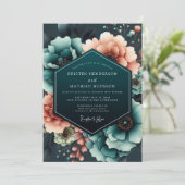 Teal Coral Moody Bloom Wedding 招待状 (スタンド正面)