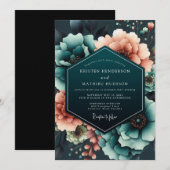 Teal Coral Moody Bloom Wedding 招待状 (正面/裏面)