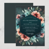 Teal Coral Nocturnal Bloom Wedding 招待状 (正面/裏面)