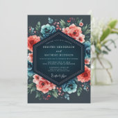 Teal & Coral Nocturnal Bloom Wedding 招待状 (スタンド正面)