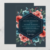 Teal & Coral Nocturnal Bloom Wedding 招待状 (正面/裏面)