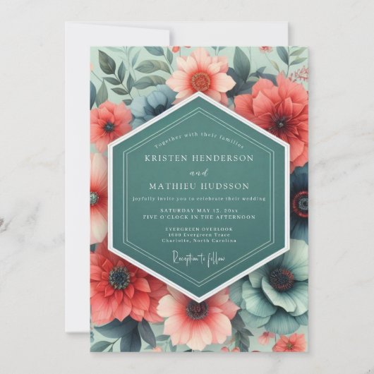 Teal Coral Opulent Flora Wedding 招待状 (正面)