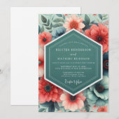 Teal Coral Opulent Flora Wedding 招待状 (正面/裏面)