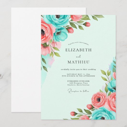 Teal Coral Vibrant Spring Wedding 招待状 (正面/裏面)