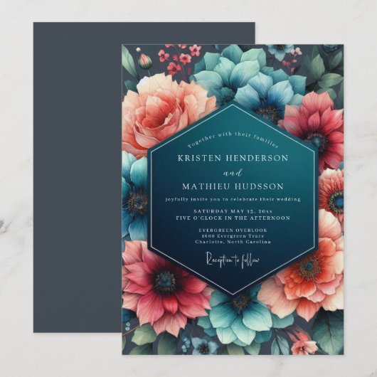 Teal Coral Wedding 招待状 (正面/裏面)