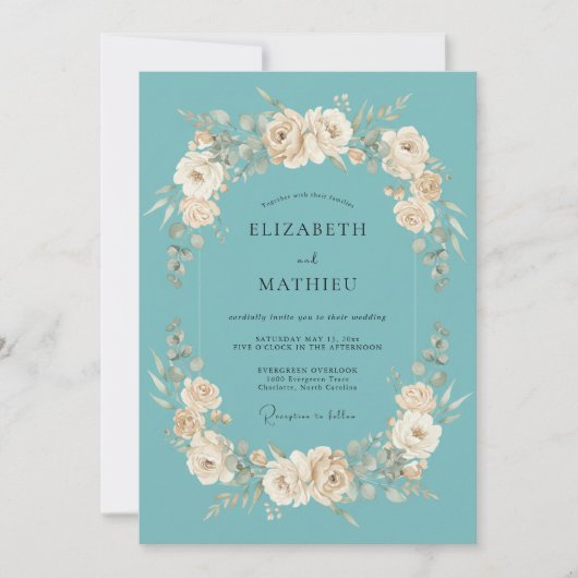 Teal Cream Bloom Flourish Wedding 招待状 (正面)