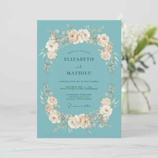 Teal Cream Bloom Flourish Wedding 招待状 (スタンド正面)