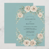 Teal Cream Floral Flourish Wedding 招待状 (正面/裏面)