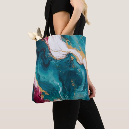 Teal & Crimson Marble Elegance トートバッグ (クローズアップ)