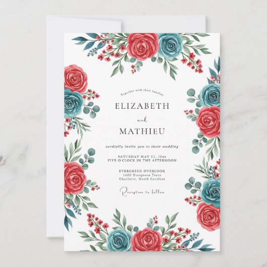 Teal Crimson Spirited Botanical Wedding 招待状 (正面)
