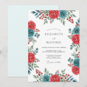 Teal Crimson Spirited Botanical Wedding 招待状 (正面/裏面)
