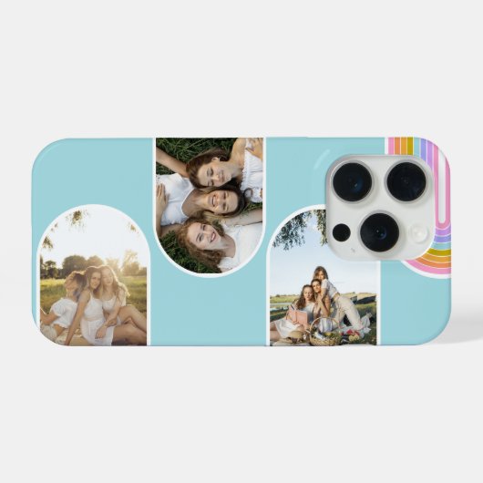 Teal Cute Modern 3 Photo Layout Custom iPhoneケース (裏面横)