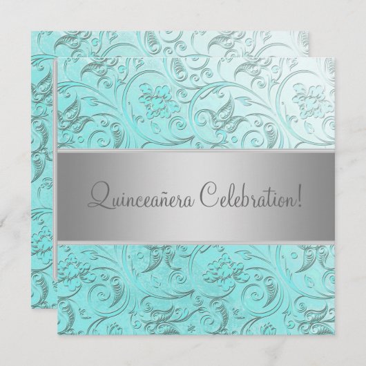 Teal Damask Quinceanera 招待状 (正面/裏面)