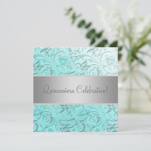 Teal Damask Quinceanera 招待状 (スタンド正面)