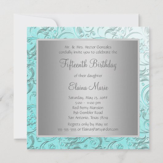 Teal Damask Quinceanera 招待状 (裏面)