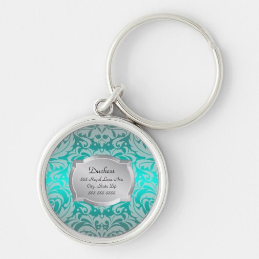 Teal Damask Silver Plaque公爵夫人のペットタグ キーホルダー (正面)