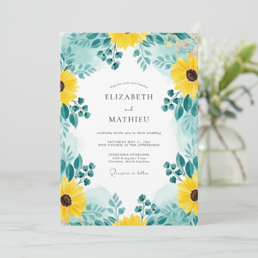 Teal Distinctive Sunflower Wedding 招待状 (スタンド正面)