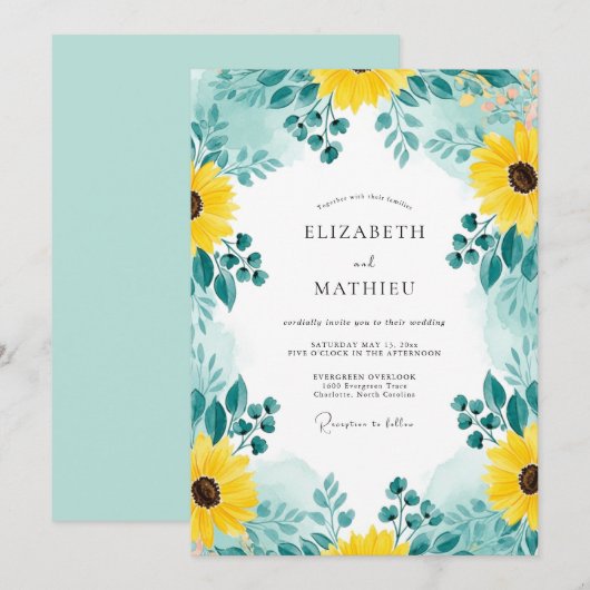 Teal Distinctive Sunflower Wedding 招待状 (正面/裏面)